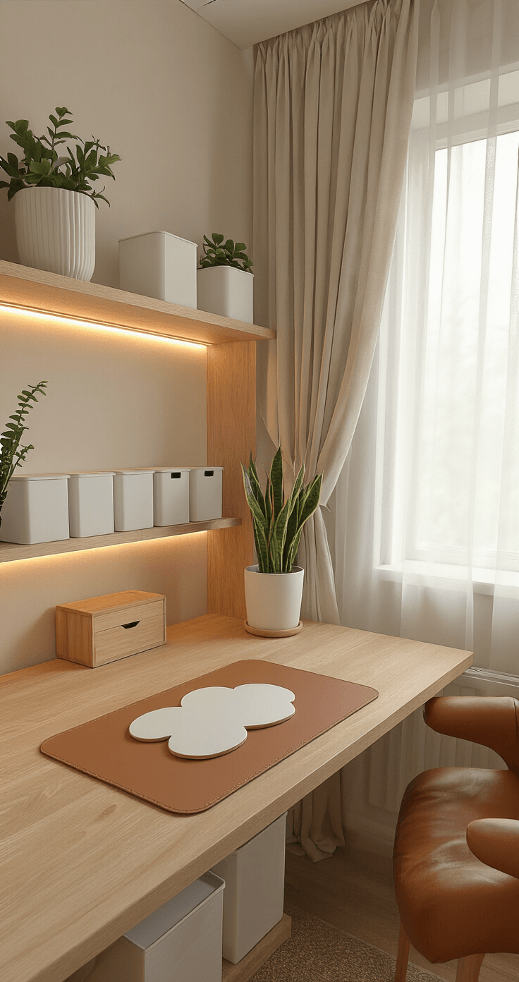 Photorealistic wide-angle view of a cozy study nook in a converted bedroom alcove, featuring a natural wood L-shaped desk with a cloud-shaped wrist rest, a small snake plant, and bamboo storage containers, all illuminated by soft morning light filtering through sheer curtains.