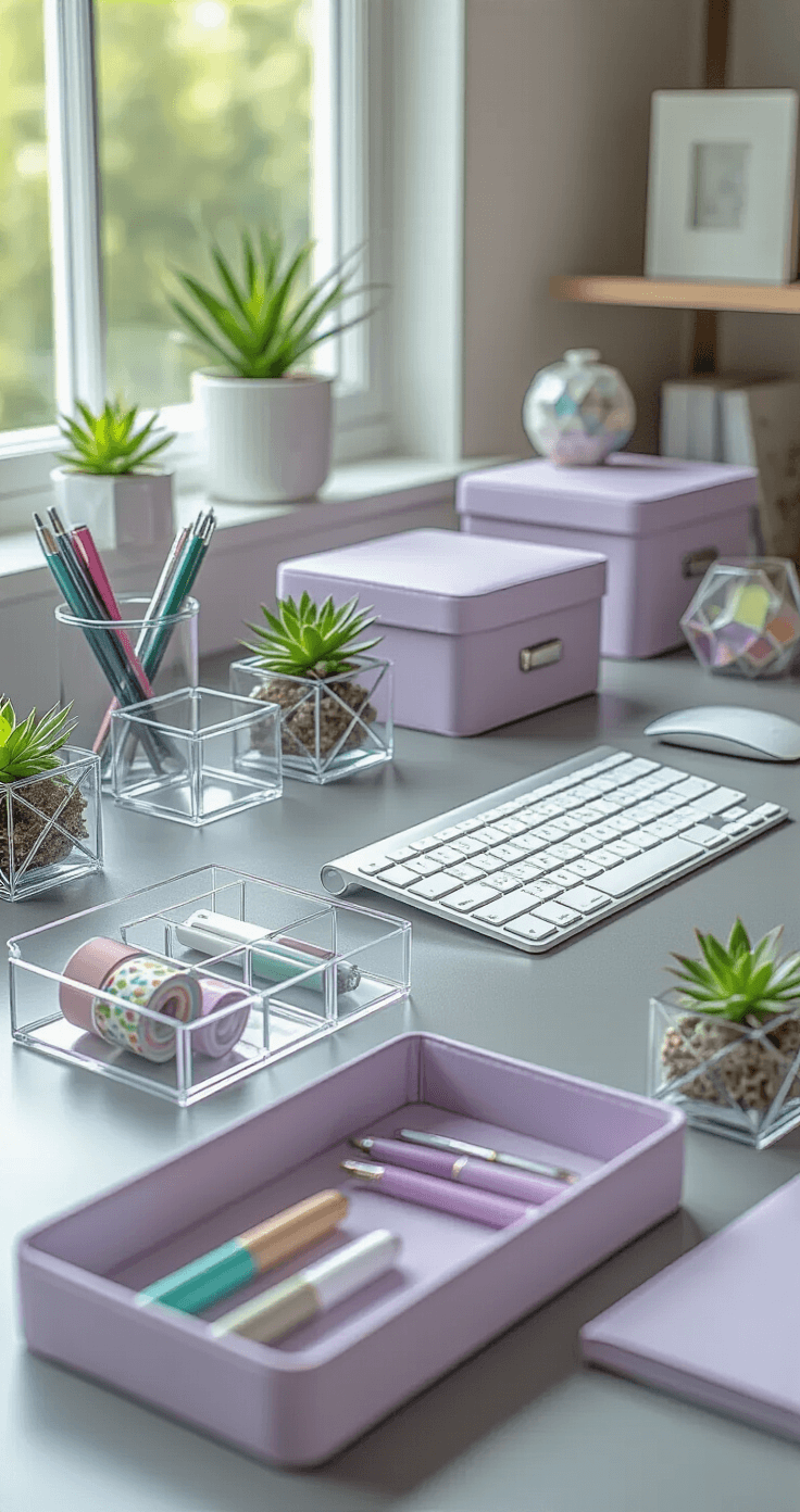 Photorealistic close-up of a contemporary home office desk featuring organized storage solutions in soft lavender and clear acrylic, premium pens, colorful washi tape, and air plants, illuminated by natural light and task lighting for a harmonious color scheme.