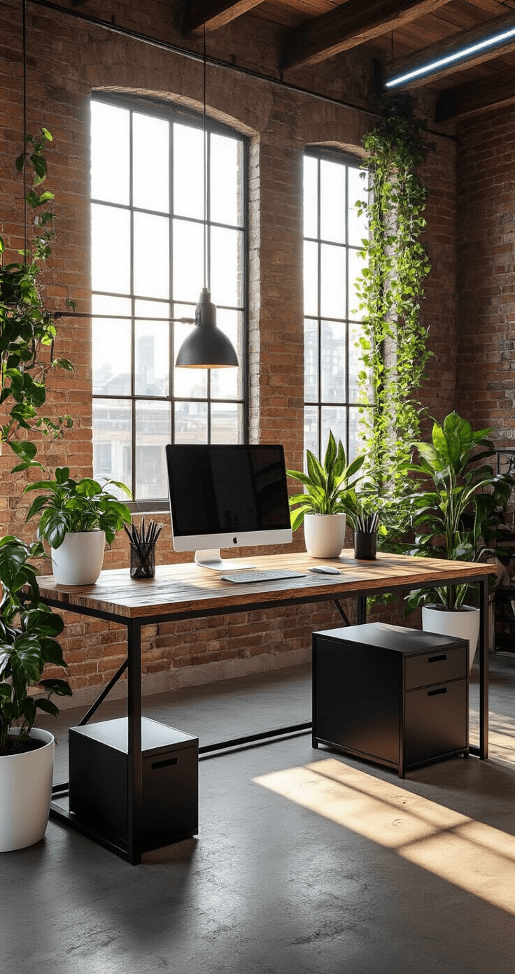Photorealistic medium shot of an industrial-style study desk in a loft with exposed brick walls, showing a black metal frame desk with a reclaimed wood top, potted pothos plants, matte black storage, and accent lighting, all illuminated by late afternoon golden light streaming through large factory windows.