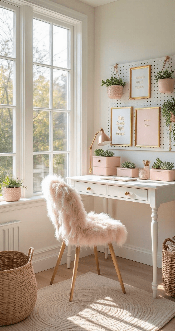 Photorealistic image of a feminine study desk in a bright sunroom, featuring a vintage white writing desk with blush pink accessories and succulents, surrounded by natural light and soft textures, evoking an optimistic and creative mood.