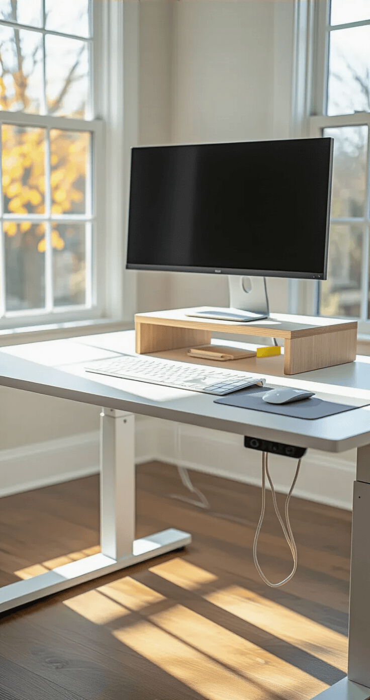 Spacious home office with a white electric standing desk by a large window, natural afternoon light illuminating a pristine desk with built-in cable management, sleek wireless keyboard and mouse on a light gray mat, wooden monitor riser with a black monitor and LED light bar, hidden wiring via white cable management sleeves, and a small yellow notepad as the only color accent.