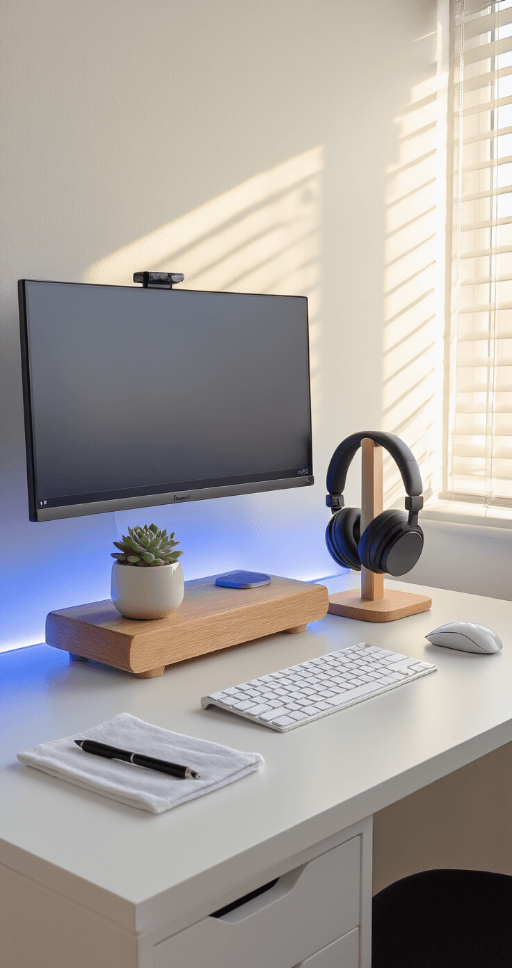 A cozy, minimalist workspace with a white desk bathed in warm afternoon light, featuring a magnetic floating pen, a ceramic succulent planter, quality headphones on a wooden stand, and subtle blue ambient glow from LED strip lights behind the monitor, enhancing the natural wood tones of the accessories and creating a serene atmosphere.