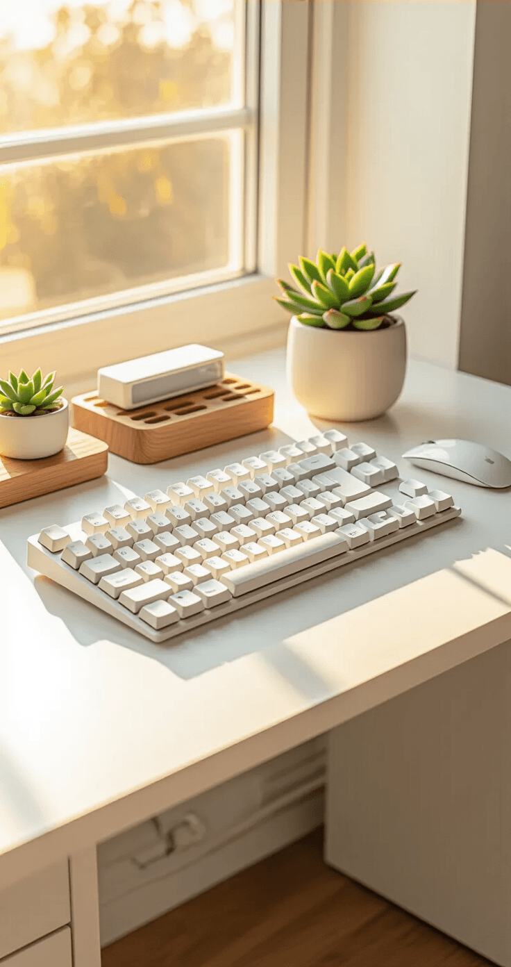 A well-organized white standing desk illuminated by warm golden hour light, featuring a white mechanical keyboard, wireless mouse, wooden desk organizers, a ferrofluid display, a green succulent in a ceramic pot, and hidden cable management, all captured from a 45-degree angle.