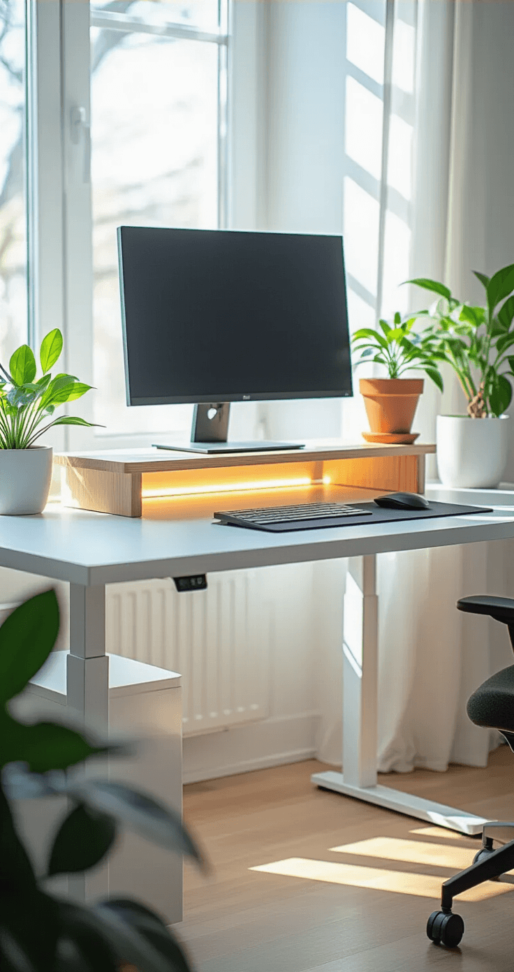 Modern white desk setup with electric standing desk, black monitor on wood riser, white accessories, and small plant in terracotta pot, illuminated by morning light and subtle LED backlighting.
