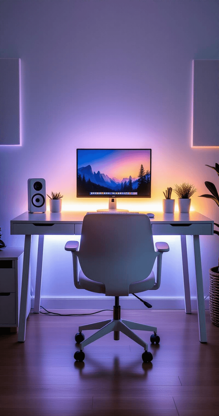 A cozy evening workspace featuring a white desk illuminated by a monitor light bar and ambient LED strips, with wooden accents, a white ergonomic chair, acoustic panels, and a purple-blue ambient wash, showcasing minimal accessories and a single colorful element.