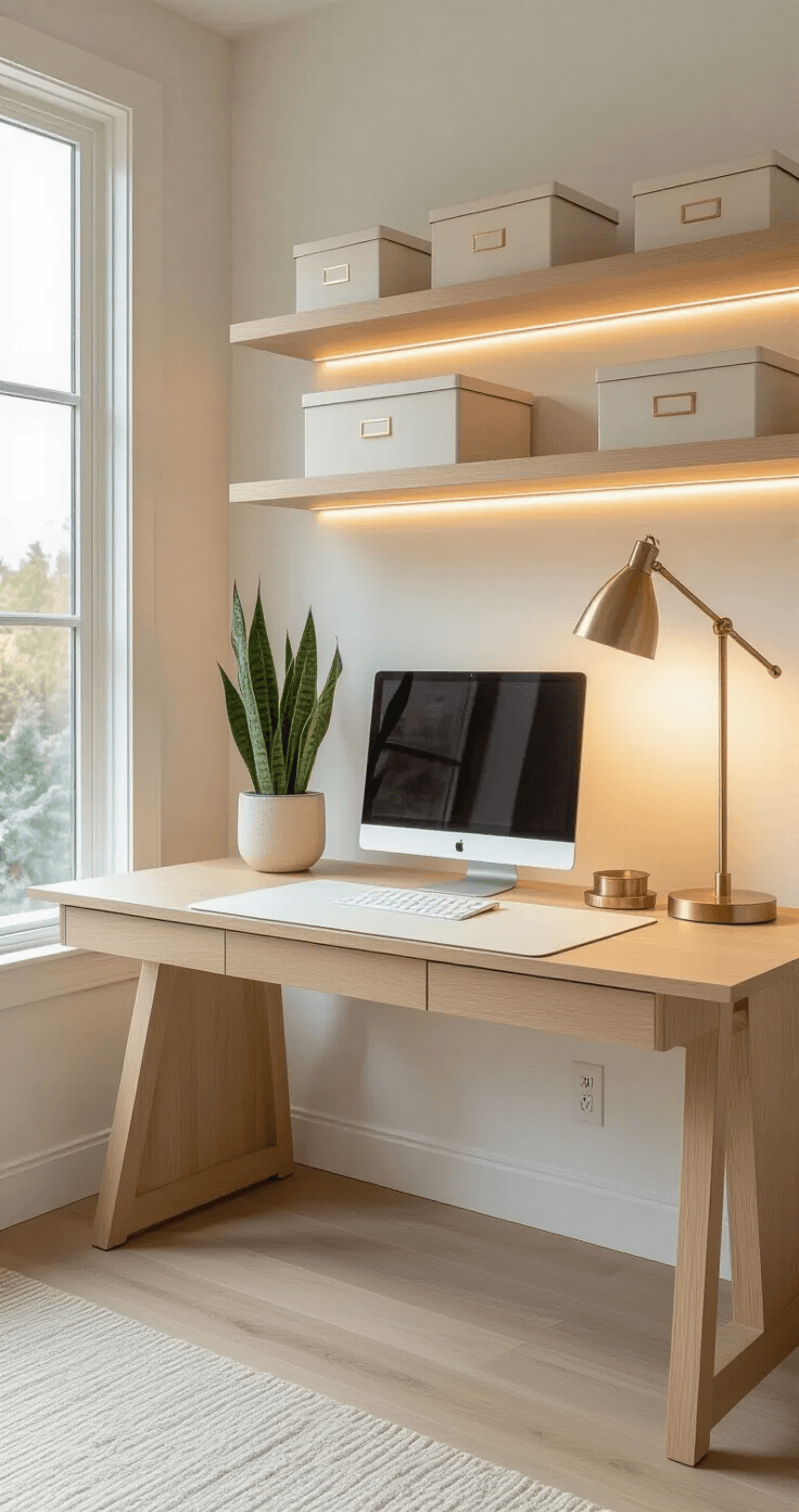 Interior of a minimalist home office featuring a light oak desk, natural light from a large window, a brass lamp, a snake plant, and amber LED strip lighting against white walls, all in a serene, organized setup.
