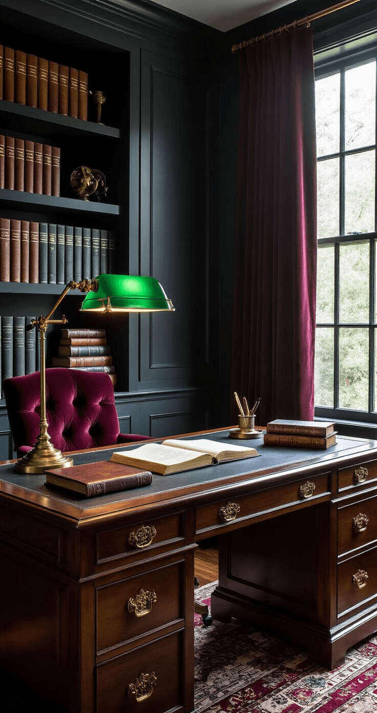 Interior shot of a dark academia home office featuring a walnut writing desk, antique brass banker's lamp, leather-bound journal, brass letter opener, and vintage books, with deep emerald velvet chair and built-in dark wood shelving, all illuminated by moody lighting through a tall window draped in burgundy curtains.