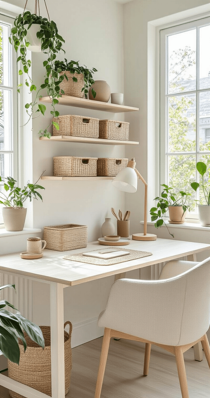 Interior Scandinavian-inspired workspace with a white-washed pine desk, natural oak shelves, and cozy accessories in warm light.