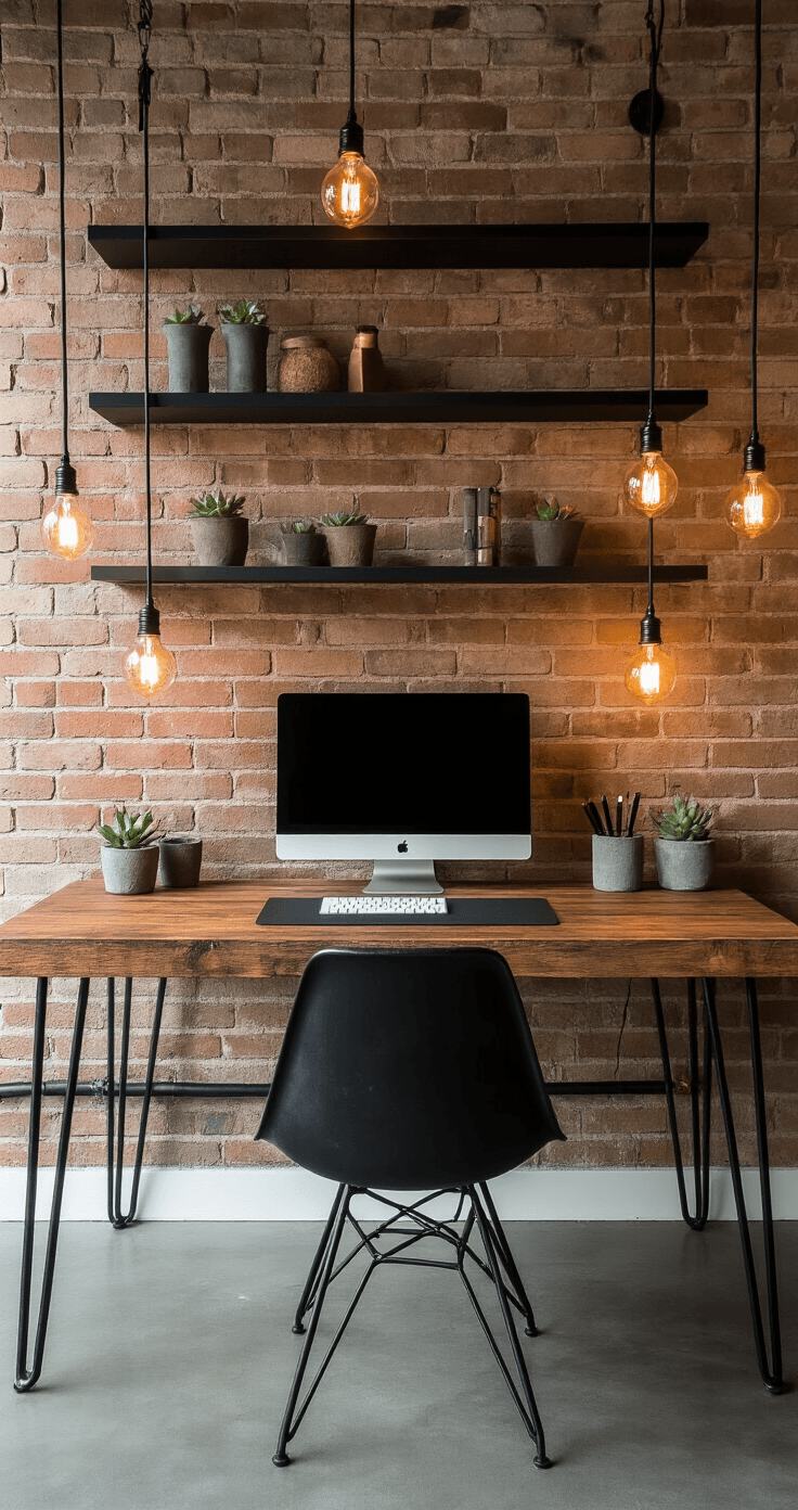Interior photo of an industrial-modern home office with reclaimed wood desk and metal hairpin legs, featuring warm Edison bulb lighting, exposed brick walls, and a monochromatic color scheme of charcoal black and raw wood tones.