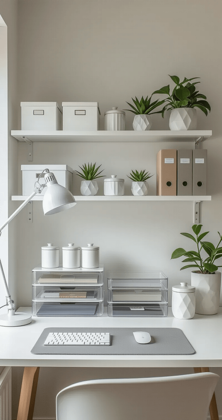 Interior shot of an organized workspace featuring a white lacquered desk with clear acrylic organizers, white ceramic canisters, and a soft gray desk mat, complemented by floating shelves displaying uniform white storage boxes, magazine files, and small plants, all bathed in soft afternoon light.