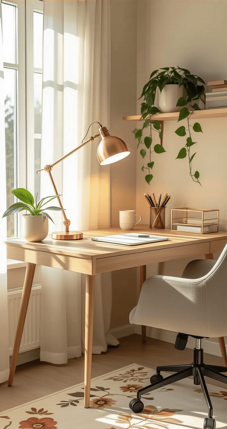 A warm home office with a modern wooden desk by a large window, soft afternoon sunlight streaming through sheer curtains, a rose gold desk lamp providing warm light, a Devil's Ivy plant in a cream ceramic planter on a floating shelf, and a neutral beige color palette with terracotta accents. The scene features a large floral desk mat, an ergonomic gray office chair, and organized acrylic supplies, captured from a three-quarter angle to highlight the cozy atmosphere.