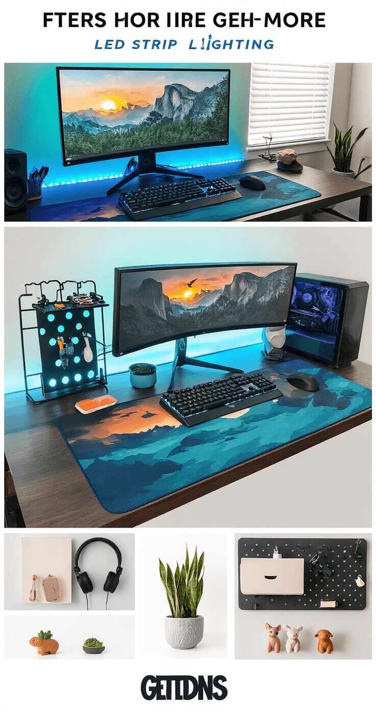 A modern gaming desk setup bathed in golden hour light, featuring a navy blue and turquoise color scheme, with a large landscape desk mat, a ZZ plant on a floating shelf, and organized accessories on a pegboard.