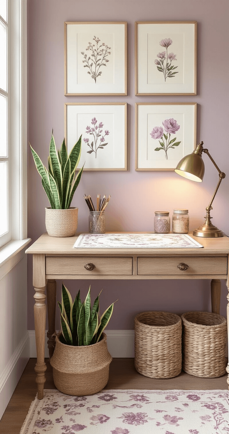 A cozy feminine workspace bathed in soft morning light, featuring a vintage wooden desk with floral desk mat, mason jar pen holders, and a gallery wall of botanical prints, complemented by a Snake plant and warm brass lamp.