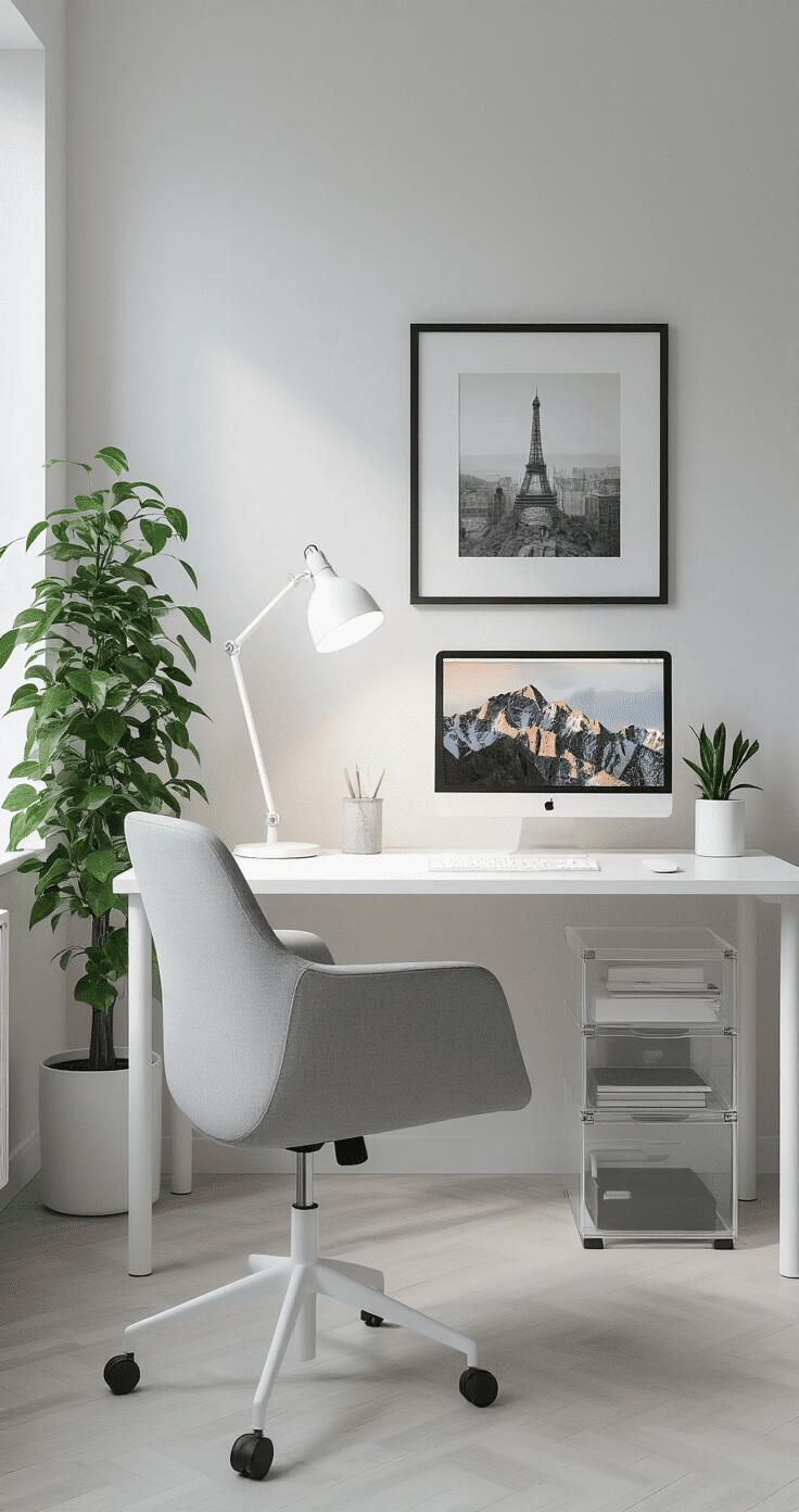 A minimalist monochrome workspace featuring a smooth white desk, soft gray ergonomic chair, clear acrylic organizers, and a tall Devil's Ivy plant, illuminated by natural light and a sleek white LED desk lamp, with a piece of black and white photography hanging above.