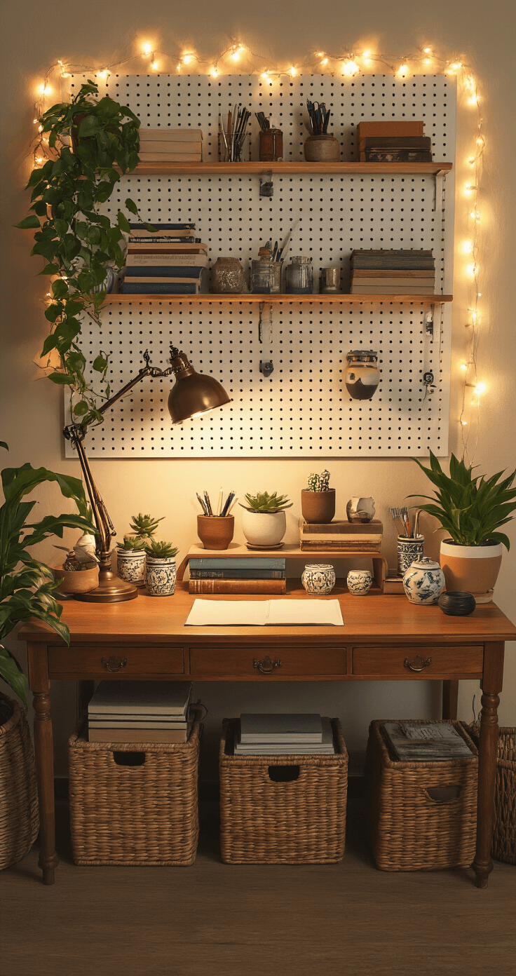 A warm and inviting maximalist creative workspace with layered lighting, featuring a vintage desk lamp and ambient overhead lights. The wooden desk is adorned with plants, vintage books, decorative ceramics, and organized tools on a pegboard, all bathed in golden-hour light.
