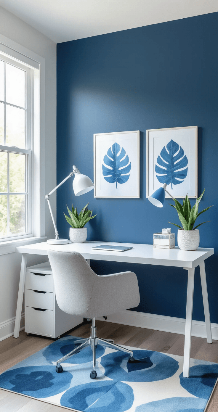 A serene blue aesthetic workspace featuring a floating white desk, navy blue accent wall, and modern desk lamp, complemented by abstract blue patterns, a medium-sized plant, and organized storage.