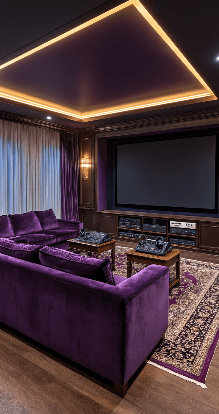 Photorealistic wide shot of an elegant home theater featuring plush velvet seating, professional audio equipment, and warm ambient lighting, showcasing a luxurious setup with deep purple hues and rich textures.