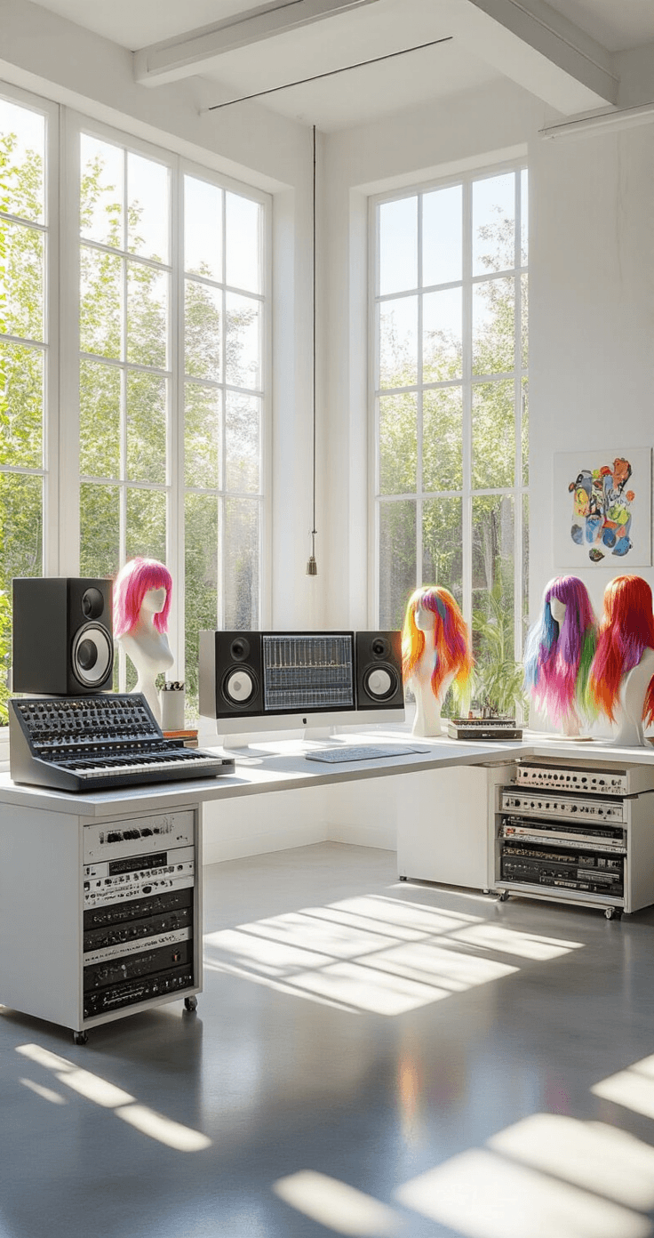 Photorealistic interior of a bright creative workspace featuring floor-to-ceiling windows with a garden view, filled with morning sunlight reflecting off polished concrete floors, a modern desk with studio monitors and vintage audio equipment, colorful costume wigs on mannequins, and a clean color palette of whites and pastels.