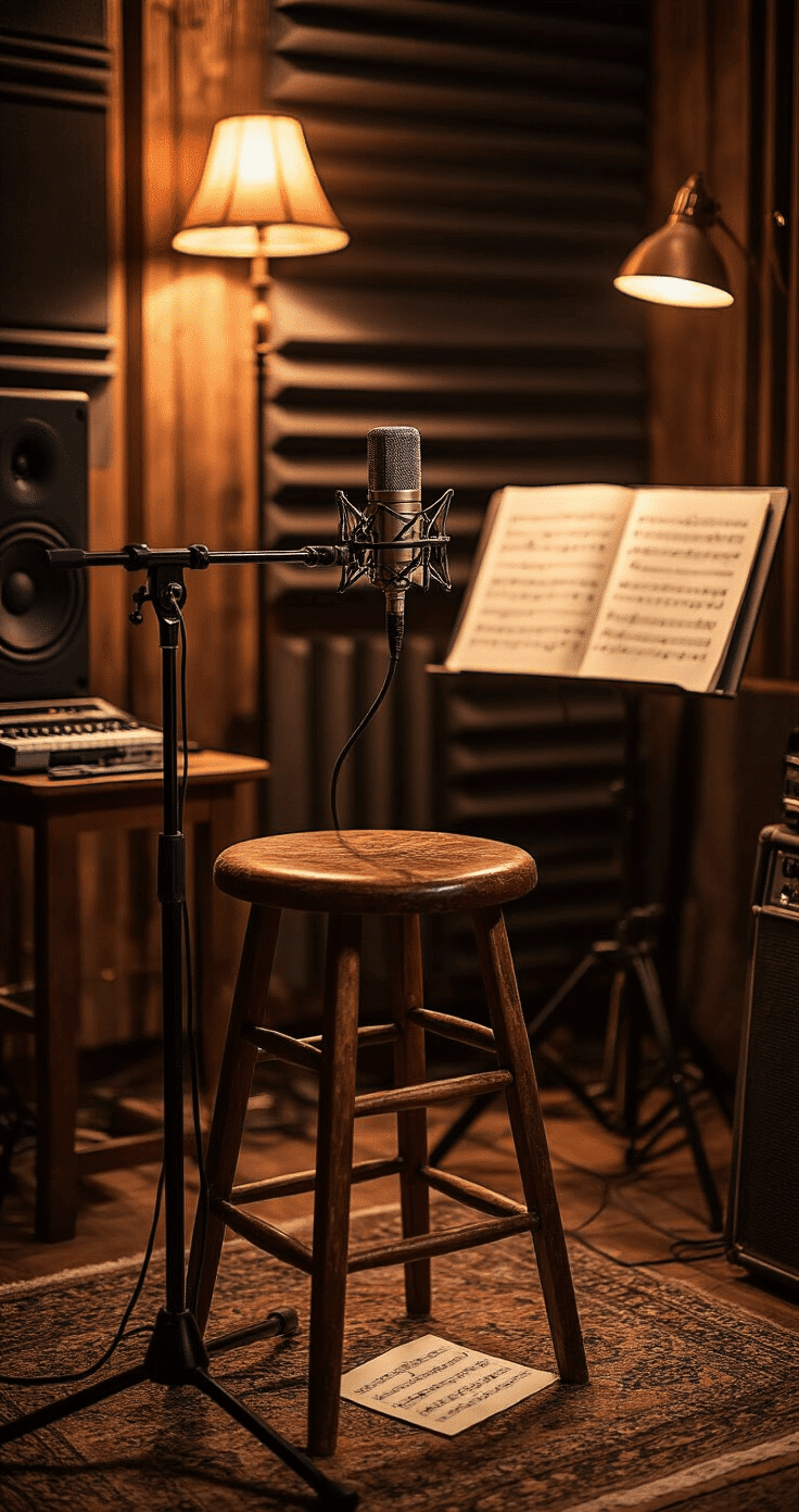 Photorealistic detail shot of a cozy recording corner with acoustic panels, a vintage microphone, warm evening lighting, a weathered stool, scattered sheet music, and portable recording devices, featuring rich textures in an earth-toned palette and dramatic side lighting.