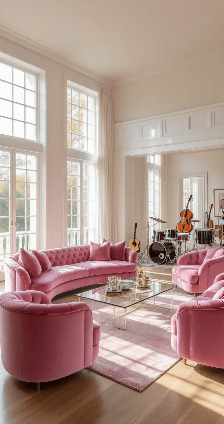Photorealistic image of a spacious living room transformed into a performance space, featuring a coordinated pink decor scheme, late afternoon sunlight streaming through large windows, polished hardwood floors, modern furniture in a semi-circle with a pink velvet sofa and armchairs, a glass coffee table with musical instruments, and layered textures of velvet, wood, and metal, all in shades of pink with white and gold accents.