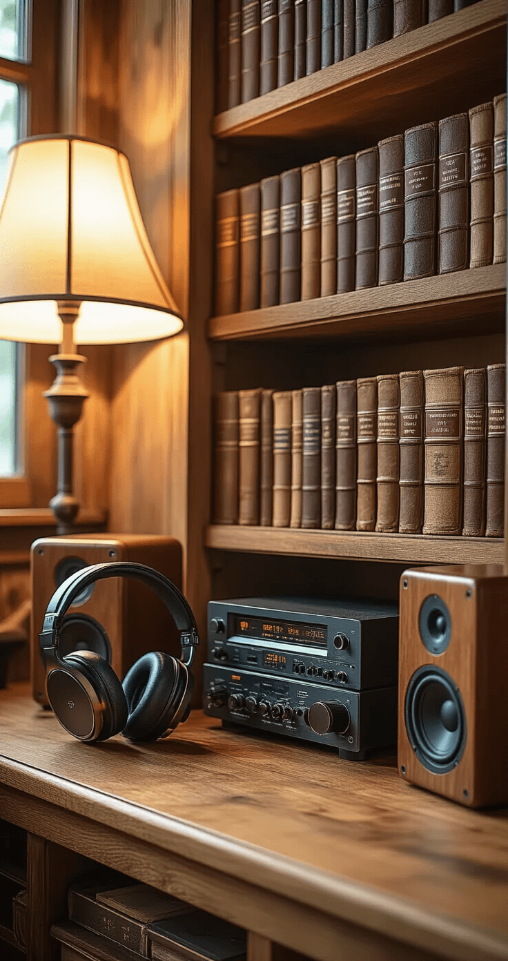 Photorealistic close-up of a vintage wooden bookshelf corner transformed into a cozy listening station, featuring high-quality headphones, audio equipment, leather-bound books, modern studio monitors, and warm lamplight creating intimate illumination against rich wood tones.