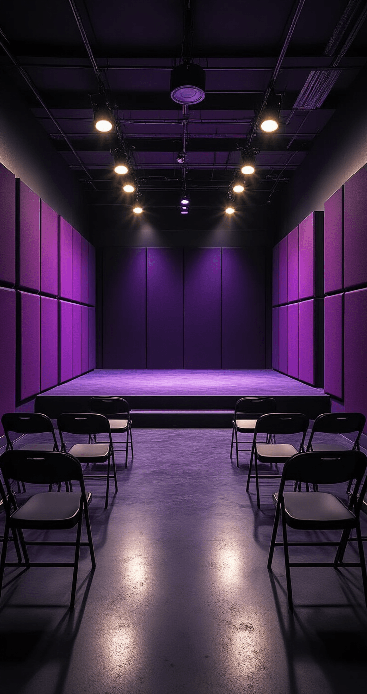 Photorealistic interior of a converted garage featuring professional acoustic treatment and a small stage area, highlighted by dramatic evening lighting, glossy black concrete floors, deep purple acoustic panels, and modern folding chairs arranged for an audience.