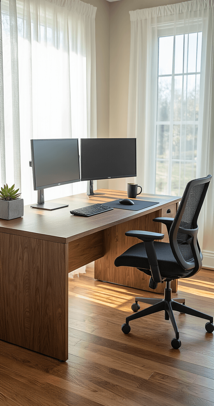 Photorealistic image of a modern home office with a walnut L-shaped desk, dual monitors, and an ergonomic chair, illuminated by soft morning light through sheer curtains, featuring a minimalistic and organized workspace.