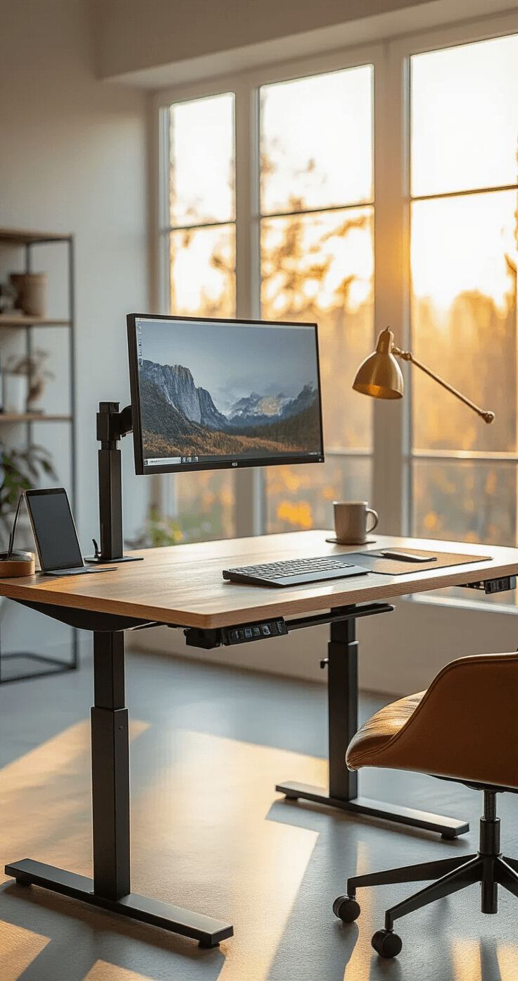 Photorealistic close-up of an adjustable standing desk in mid-rise position, featuring a brushed steel desktop, ultrawide monitor on a monitor arm, and warm golden hour sunlight filtering through windows, with a laptop, wireless charging pad, and organized cable management below.