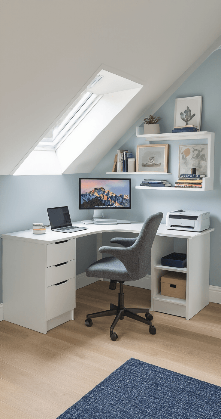 Photorealistic interior of a compact attic office with a 42-inch corner desk in white laminate, featuring built-in shelving and warm afternoon light from a dormer window, ergonomic gray chair, laptop and external monitor, small printer, books, and storage boxes, set against pale blue-gray walls and a navy area rug on light hardwood floors.