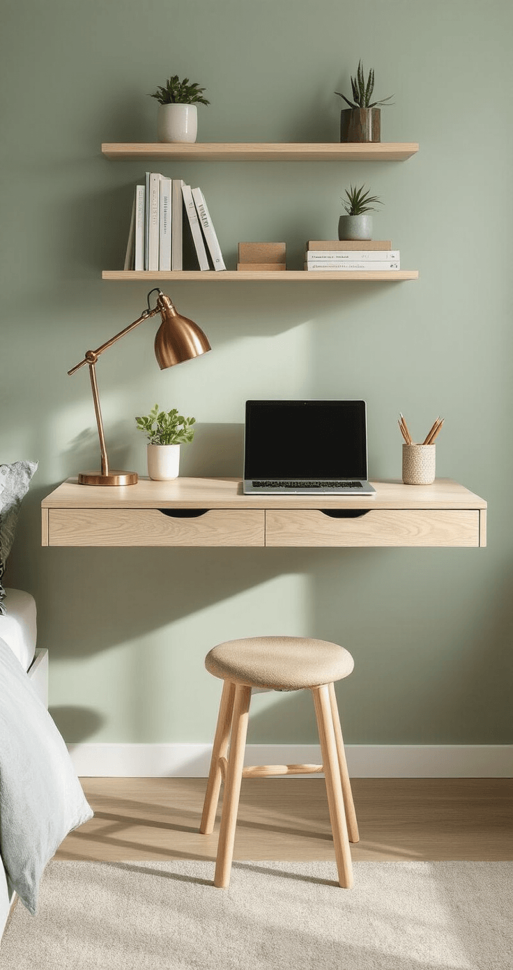 Photorealistic image of a space-saving wall-mounted floating desk in a small bedroom, featuring a light ash wood finish, clear floor space with a compact rolling stool, and organized floating shelves, illuminated by morning light.