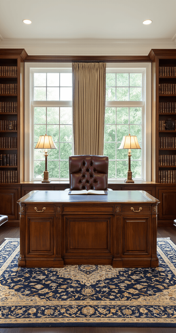 Photorealistic interior of an elegant home office featuring a rich mahogany executive desk with brass hardware and a leather writing surface, surrounded by built-in bookcases, a high-back burgundy leather chair, and warm lighting from green banker's lamps, all on a Persian rug over dark hardwood floors.
