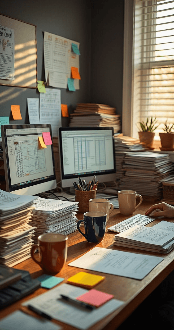 Interior photo of a cluttered home office desk during golden hour, featuring layered paper stacks, coffee-stained folders, colorful sticky notes, mismatched mugs, scattered pens, and an open laptop, all bathed in warm light against a charcoal gray wall.