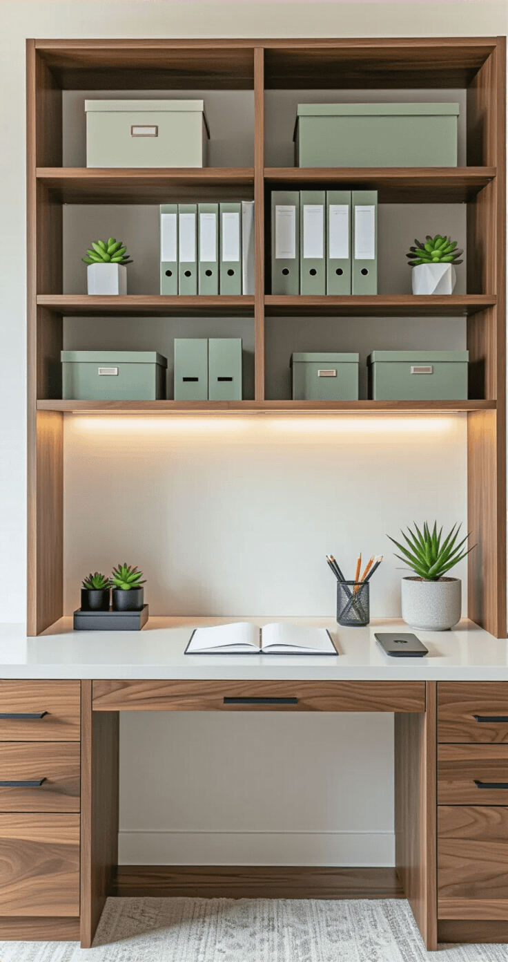 Interior shot of a modern home office with a sleek desk hutch organizer, featuring vertical walnut shelving and neatly arranged folders, plants, and storage boxes, all illuminated by bright white LED lighting.