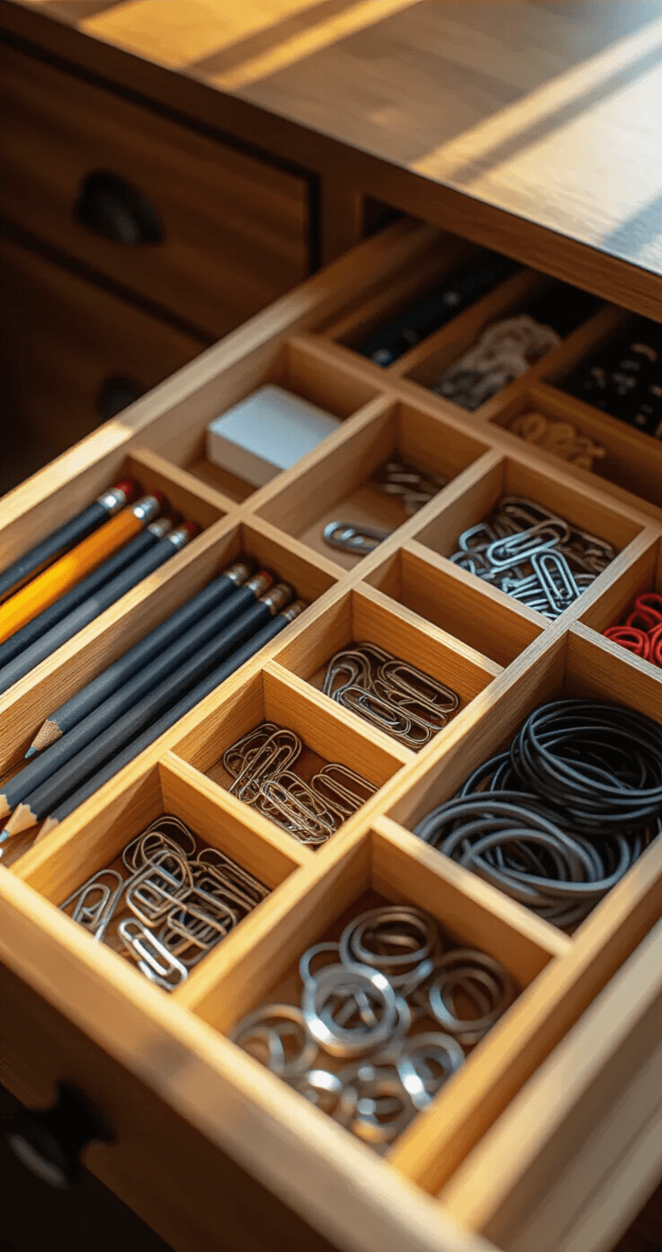 Close-up view of a well-organized open desk drawer featuring bamboo divider trays for office supplies, with mechanical pencils, color-sorted paper clips, rubber bands, and neatly wound charging cables, all illuminated by crisp afternoon light.