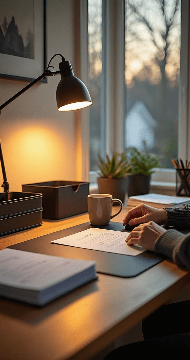 Wide-angle interior photo of a home office transformation, featuring warm ambient lighting, a desk being organized with hands rearranging papers, relocating a coffee mug, and positioning a sleek desk lamp, all set against a backdrop of cream-colored walls and a meticulously maintained workspace.