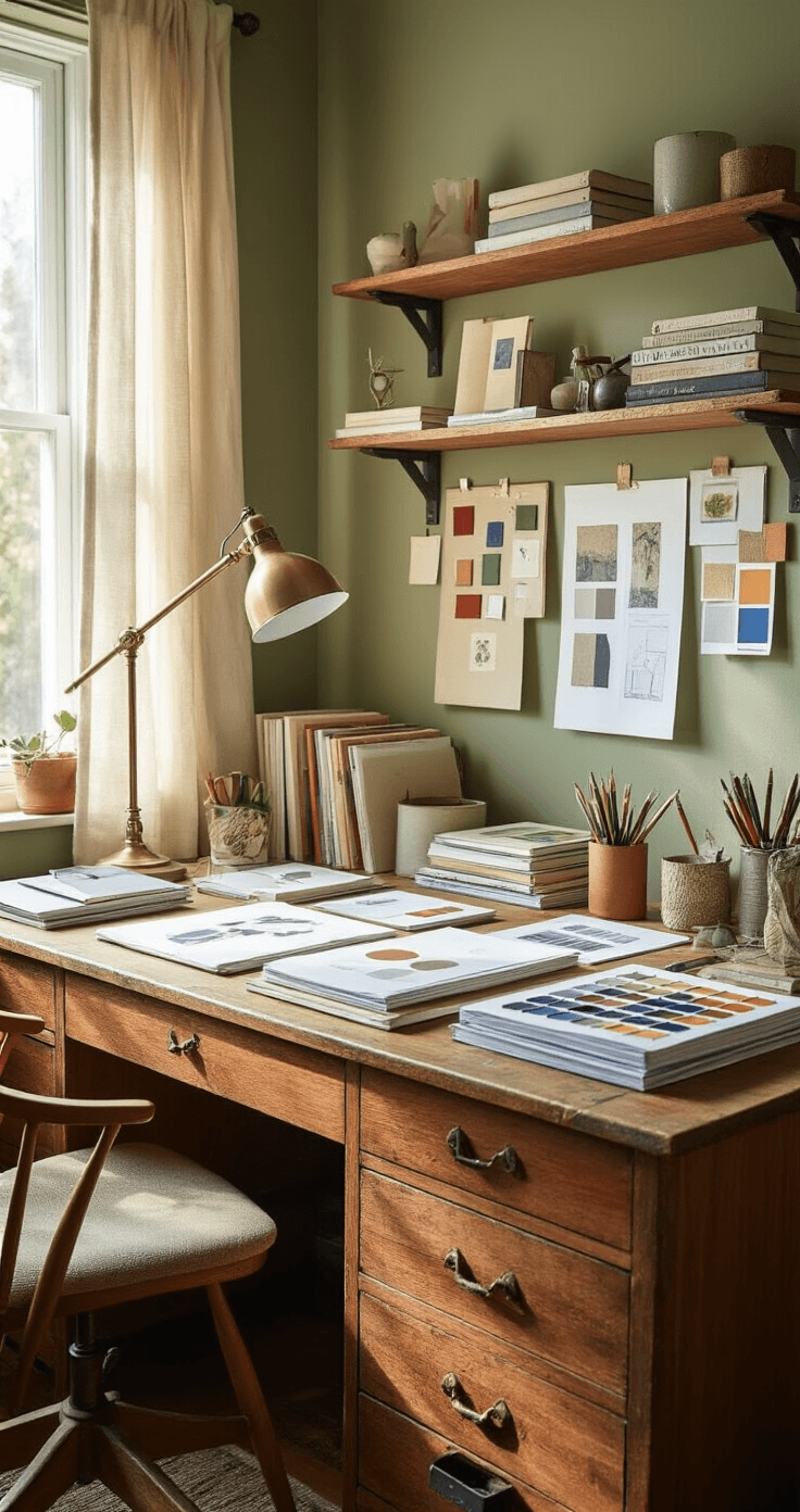 Interior portrait of a creative professional's workspace featuring a vintage wooden desk in worn oak finish, covered in organized project materials like sketch pads, reference books, and color swatches. The warm sage green walls and natural light from gauze curtains create an inviting atmosphere, complemented by floating shelves and a bulletin board filled with concepts, underscoring the productive chaos of artistic creativity.