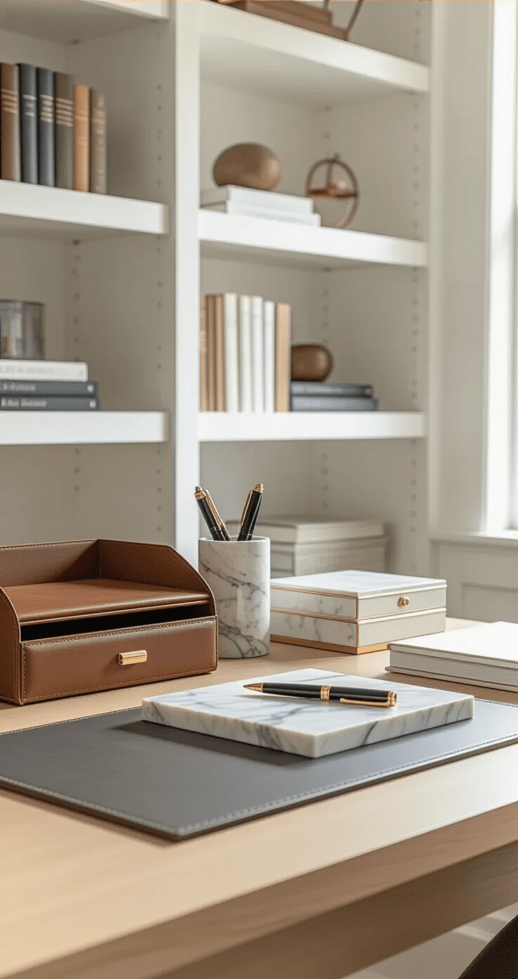 Elegant desk accessories in bright morning light, featuring a cognac brown leather document sorter, a marble pen holder with gold accents, white metal letter trays, and a charcoal gray desk pad, arranged on a light maple desk with white shelving in the background.