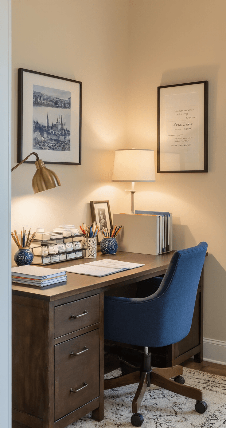 Interior home office corner featuring a personalized desk setup with organized paper stacks, decorative weights, a ceramic pen holder, family photos, and project folders, complemented by a navy blue ergonomic chair and warm cream walls adorned with artwork and quotes, illuminated by gentle lamp light for a cozy atmosphere.