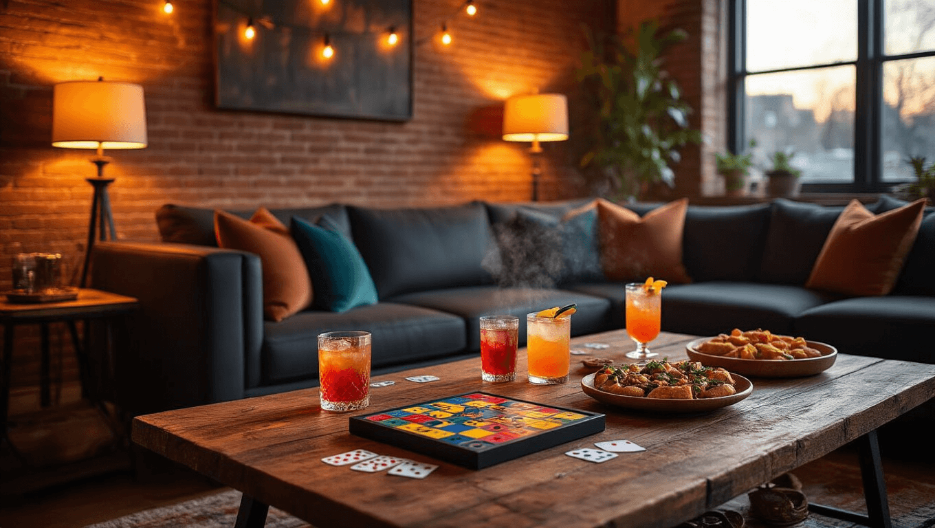 Warm and inviting living room at golden hour featuring a rustic coffee table with colorful drinking games, craft cocktails in elegant glassware, and appetizer platters, surrounded by a cozy sectional sofa and ambient string lights.