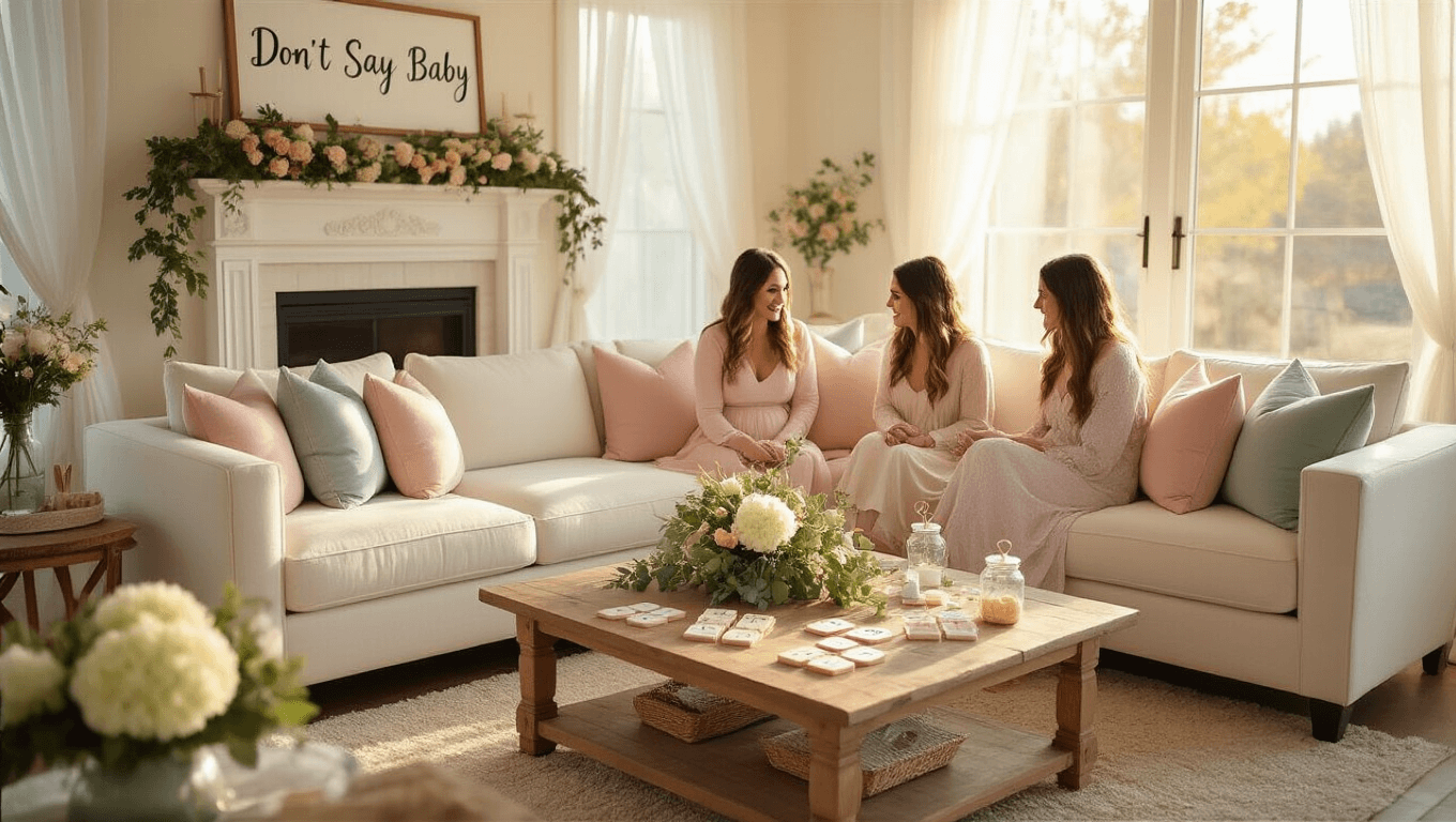 Elegant baby shower setup in a sunlit living room, featuring an ivory sectional sofa with blush and sage pillows, rustic oak coffee table with eucalyptus decor, guests in pastel attire, and a cozy, inviting atmosphere during golden hour.