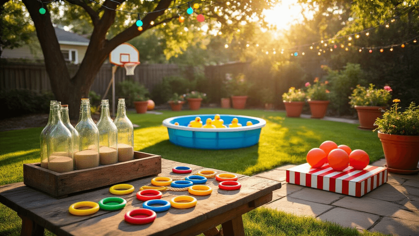 A vibrant backyard carnival scene at golden hour, featuring vintage ring toss, a blue kiddie pool with rubber ducks, a striped bean bag toss, and an adjustable basketball hoop, all set on a lush green lawn decorated with fairy lights and colorful foliage.