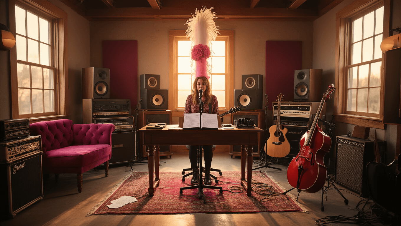 Cinematic wide shot of a cozy performance space with vintage wooden desk, professional audio equipment, pink velvet seating, and an all-female band setup, bathed in warm golden hour lighting and rich textures, featuring a towering decorative wig and scattered sheet music.