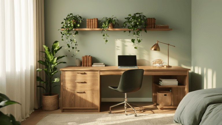 Cinematic overhead view of a cozy bedroom workspace with an L-shaped oak desk against sage green walls, warm golden lighting, and decorative elements including pothos plants and a brass task lamp.