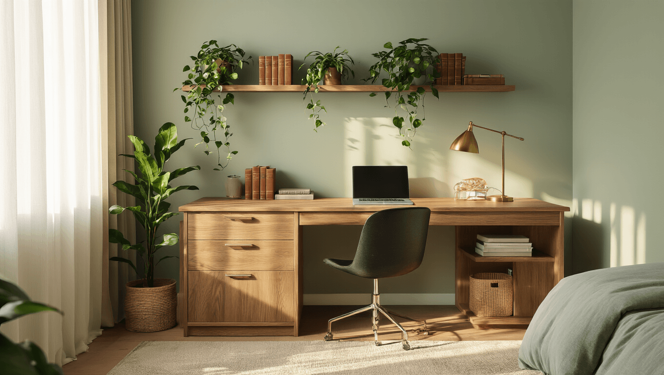 Cinematic overhead view of a cozy bedroom workspace with an L-shaped oak desk against sage green walls, warm golden lighting, and decorative elements including pothos plants and a brass task lamp.