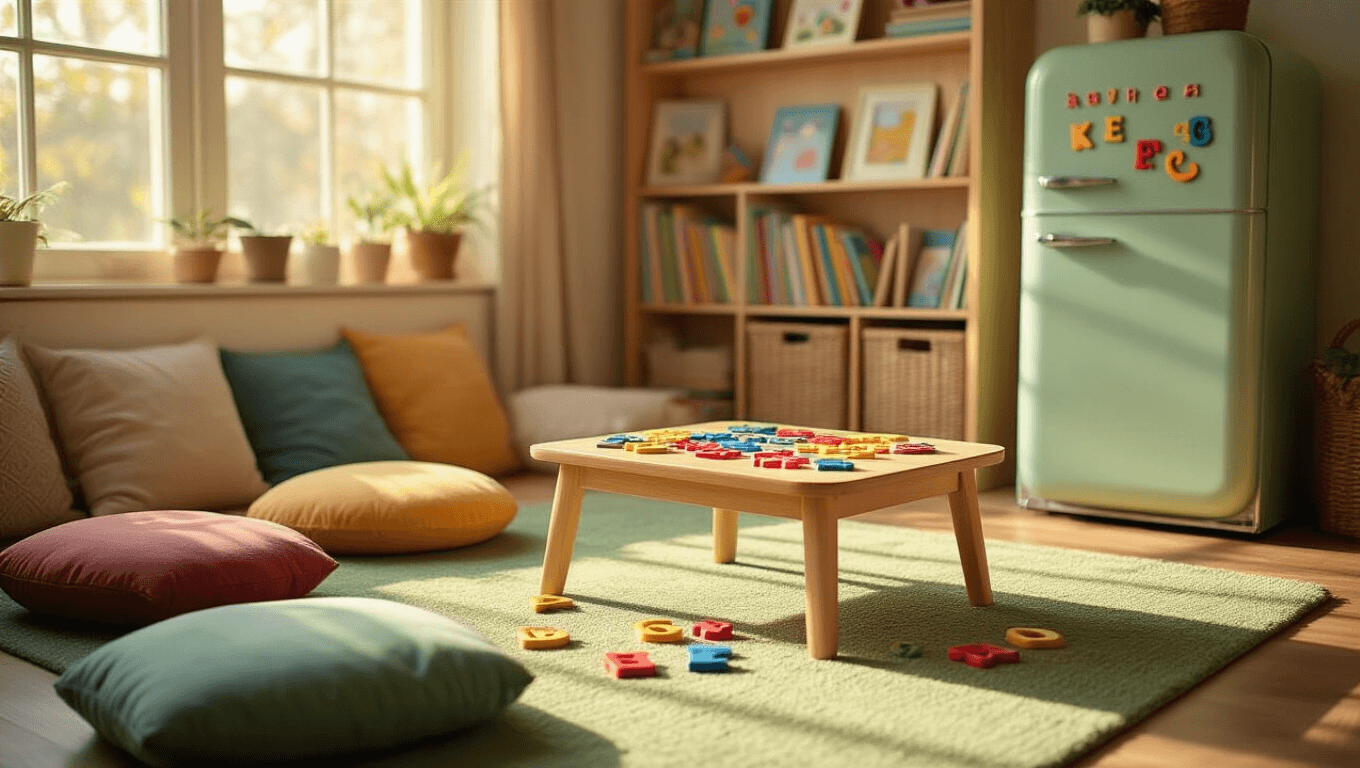 Cozy children's learning corner with a low wooden table scattered with colorful magnetic letters and vibrant flashcards, surrounded by plush floor cushions and a sage green rug, bathed in warm afternoon sunlight and featuring a vintage refrigerator adorned with alphabet magnets, all set in a inviting home library atmosphere.