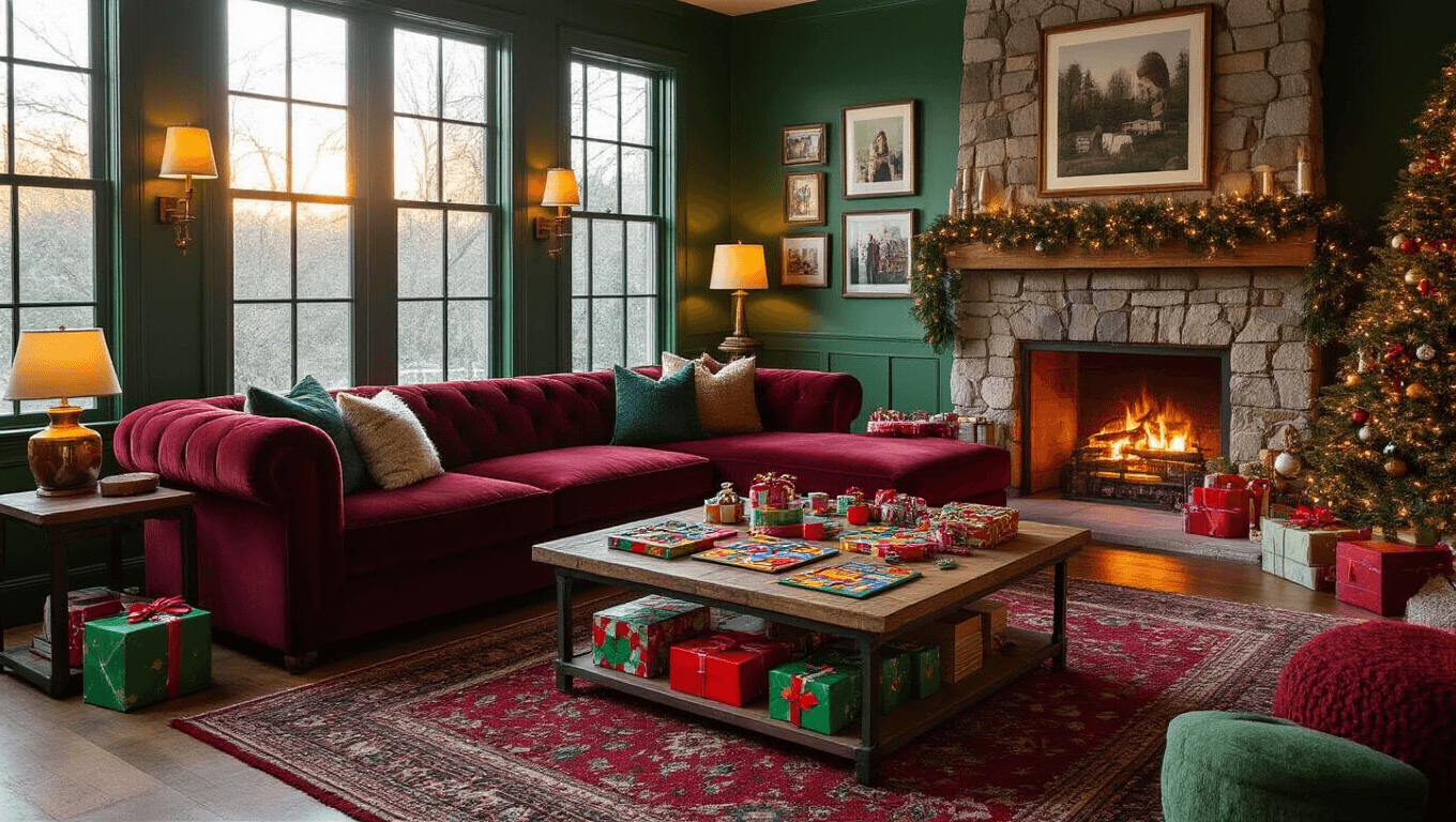 A cozy family room during golden hour with a burgundy sectional sofa, rustic coffee table filled with board games and gift boxes, emerald green walls, a crackling fireplace, and a decorated Christmas tree, all illuminated by warm lighting, creating a festive and inviting atmosphere.