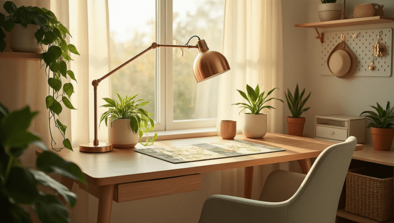 Cinematic wide-angle shot of a cozy wooden workspace with warm lighting, featuring a modern desk, plants in ceramic planters, and an inviting atmosphere.