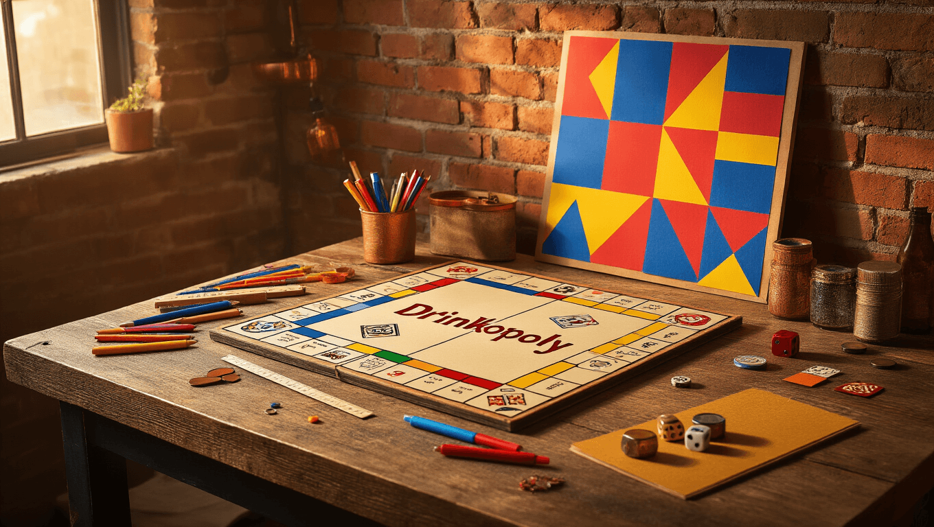 A cozy crafting scene with a handmade Drinkopoly board game on a rustic wooden table, surrounded by art supplies and warm golden hour lighting, featuring colorful geometric patterns and playful game pieces.
