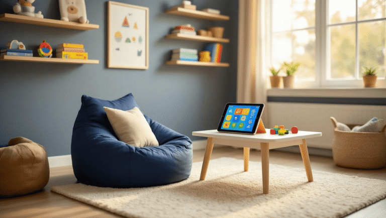 Cozy children's learning nook featuring a navy bean bag chair, white oak table with an educational tablet, dove gray walls adorned with books and toys, and a geometric cream rug, all bathed in warm golden hour lighting.