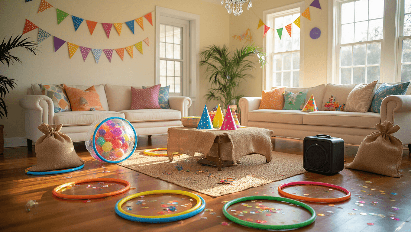 Vibrant living room set up for a kids' birthday party with colorful decorations, including hula hoops, burlap sacks, a saran wrap ball, party hats, and festive banners, illuminated by golden hour lighting, emphasizing playful textures and a warm, inviting atmosphere.